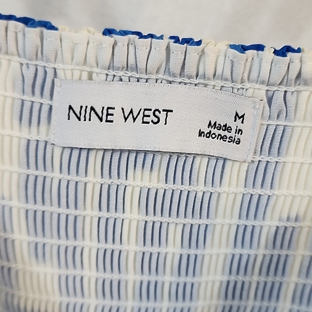 NWT Nine West Blue White Abstract Print Midi Dress Spaghetti Strap Square Neck M - Picture 5 of 13